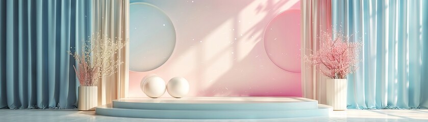 Display stand, abstract pastel lighting, luxe minimalist backdrop in cream, pink, and blue