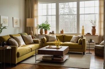 Fototapeta premium Cozy Living Room with Earthy Neutral Tones Modern Decor and Natural Light, beige and dark atmosphere