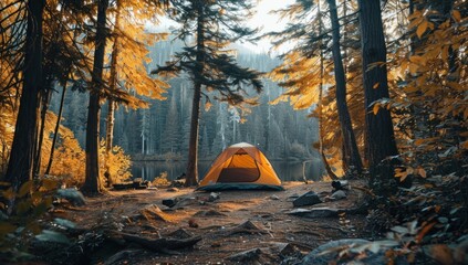 A tent nestled among towering trees, a canopy of leaves overhead.