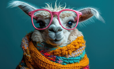  A lama wearing pink glasses and colorful scarf. Created with Ai
