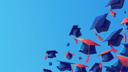 Flying Graduation Caps against a clear blue sky. Invitation, Celebration Banner with copy space. Digital Illustration