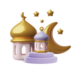 Ramadan mosque and moon 3D icon vector illustration