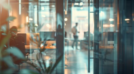 Blurred offices with people working behind glass walls