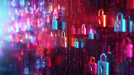 Obraz premium abstract representation of cybersecurity, with colorful digital locks and shields forming a protective barrier against cyber 