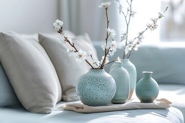 rt deco, shabby chic interior design of modern living room, home. Close up of ceramic vases with blossom branch against sofa.