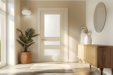 Bright interior design of modern entrance hall with door and wooden console table. Soft tone.