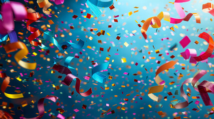 Colorful confetti, ribbon dance in front of a blue background, celebrating the concept of celebration