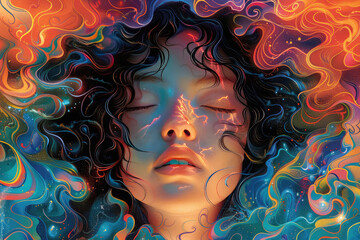  A young woman with curly hair, eyes closed in deep meditation; surrounded by swirling psychedelic patterns and vibrant colors; in the background is an abstract representation. Created with Ai