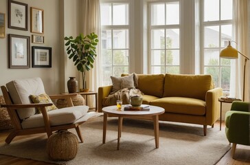 Cozy Living Room with Earthy Neutral Tones Modern Decor and Natural Light, beige and dark atmosphere