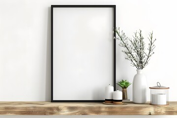 Empty mock up black poster frame on wooden shelf. Interior design of modern living room with white wall and home decor pieces.