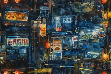 Illustrate a watercolor painting of a dystopian food market at dusk