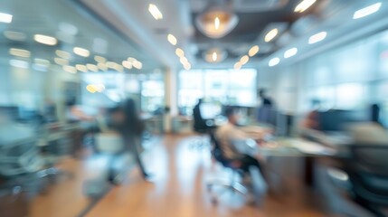 Blurred offices with people working behind glass walls