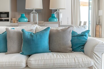 Fabric sofas with turquoise pillows. Coastal home interior design of modern living room in seaside house. Soft tone.