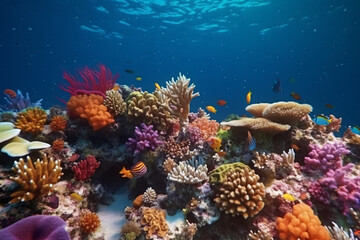 Colorful fish swim through a vibrant coral reef in the tropical ocean