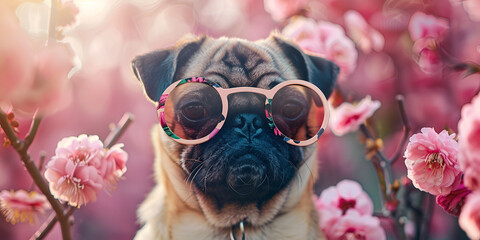 A pug dog wearing sunglasses posing in front of pink flowers