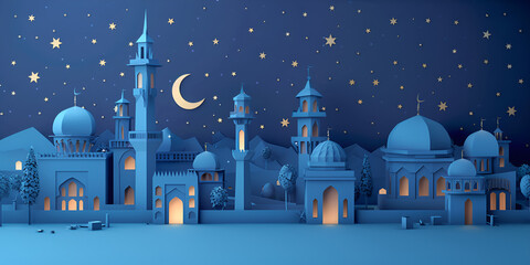 Paper art of a mosque at night with many stars and moon background