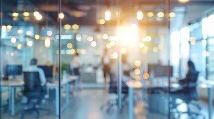 Blurred offices with people working behind glass walls