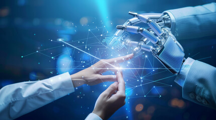 Image of a human and an AI interface working together at a futuristic workspace, focus on hands interacting with a holographic display