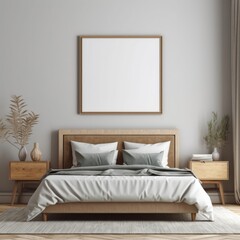 Cosy bedroom with a blank white wooden coloured picture frame 3d mockup.