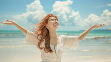 woman with arms outstretched enjoying freedom at the beach