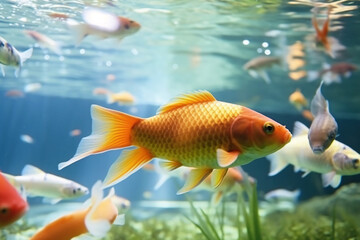 Fototapeta premium Goldfish swim underwater in a glass aquarium, their orange and white bodies shining in the clear water
