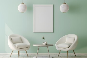 Fototapeta premium Ellipse table and two chairs near mint sofa against light green wall with art frame poster. Scandinavian, mid-century home interior design of modern living room.