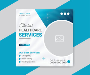 Medical and health care social media post template design. Editable square banner with high-quality background