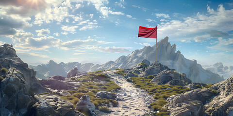 Peak with red flag surrounded by beautiful mountainous landscape