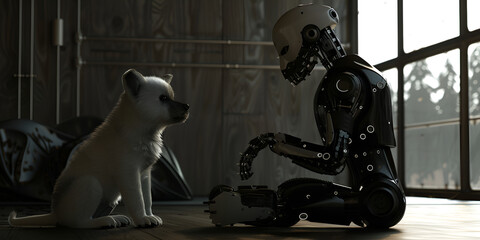 A robot and a dog sitting on the floor, looking at each other with curiosity.