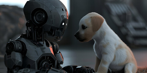 A cute scene of a robot and a dog sitting together on the floor