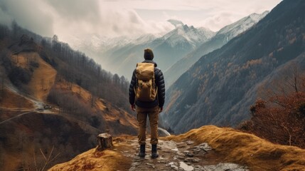 Fototapeta premium a man is enjoying the beautiful view from the top of the mountain. mountain climbing concept