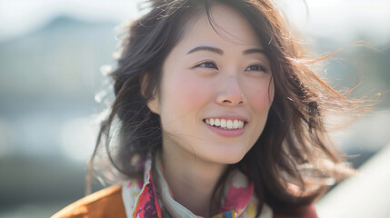 A young Asian-Chinese woman is smiling and a gentle breeze is blowing
