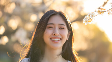A young Asian-Chinese woman is smiling and a gentle breeze is blowing