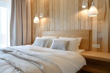 Fototapeta premium Scandinavian style interior design of modern bedroom. Wood bed with white bedding and bedside cabinets. Soft tone.