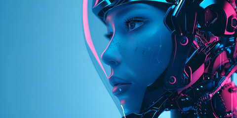 A woman in a sleek futuristic suit against a vibrant blue background.