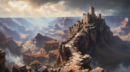 Ancient old fantasy castle ruins on a rocky cliff with pathway, high above a grand canyon with majestic view of valley landscape, setting sun shining brightly as storm rain clouds move in.