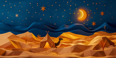 A serene desert landscape with a tent and camel under a starry night sky