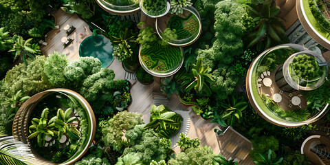 Circular garden filled with greenery, enclosed by trees and plants