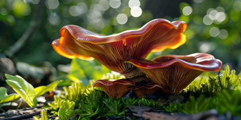 Mushroom on green grass in sunlight