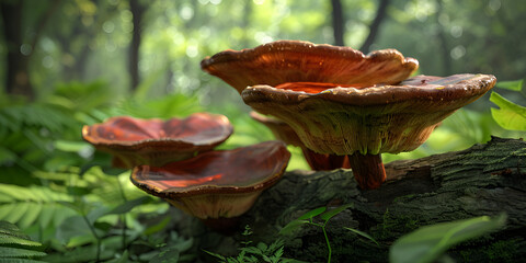 Three mushrooms sitting on a tree branch, showcasing their unique shapes and earthy colours
