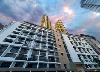Commercial offices and residential High rise appartments on Parramatta River at Sunset with...