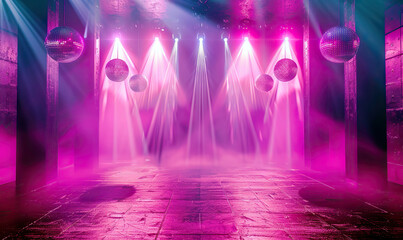 A vibrant, neon-lit stage with shiny disco balls, creating a lively party atmosphere. Generate AI