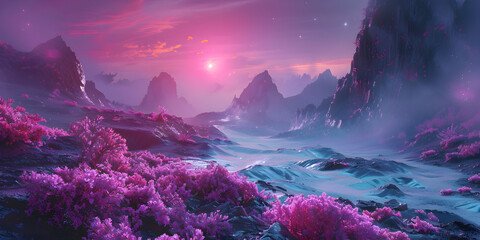 Purple mountain landscape with colourful flowers in full bloom