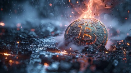 Bitcoin coin enduring a storm with rain and dramatic fiery sparks on a dark background. - Powered by Adobe