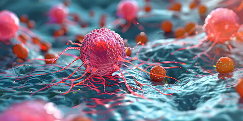 A blue background shows a virus and a cell with a red substance