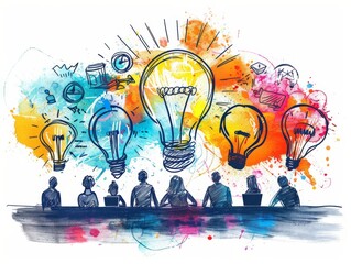 A colorful artistic representation of a team brainstorming session with lightbulbs symbolizing ideas.