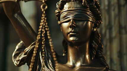 Obraz premium Close up view of the statue of Lady Justice, the symbolic goddess of justice carrying scales with her eyes closed.