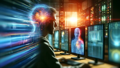 A man intently observes multiple monitors displaying vibrant AI data streams, his mind visually merging with digital information, illustrating the fusion of human cognition and advanced technology.