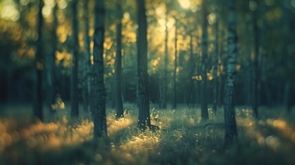 blurry forest trees leafs background, copy and text space, 16:9