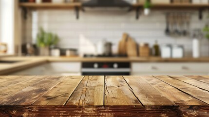 Wood table top on blurry kitchen counter, Kitchen utensils blurred in background, copy and text space, 16:9
